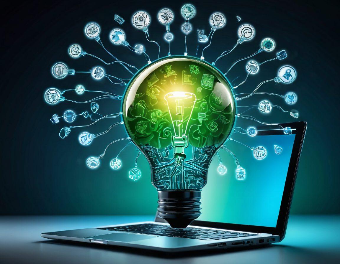 A creative brain illuminated with various icons representing blog ideas, cash flow symbols, and strategic tools, all interconnected with vibrant lines. Above, a glowing light bulb symbolizes innovation, while below, coins cascade from an open laptop. The background features a subtle gradient of blue and green, representing growth and success. super-realistic. vibrant colors. 3D.