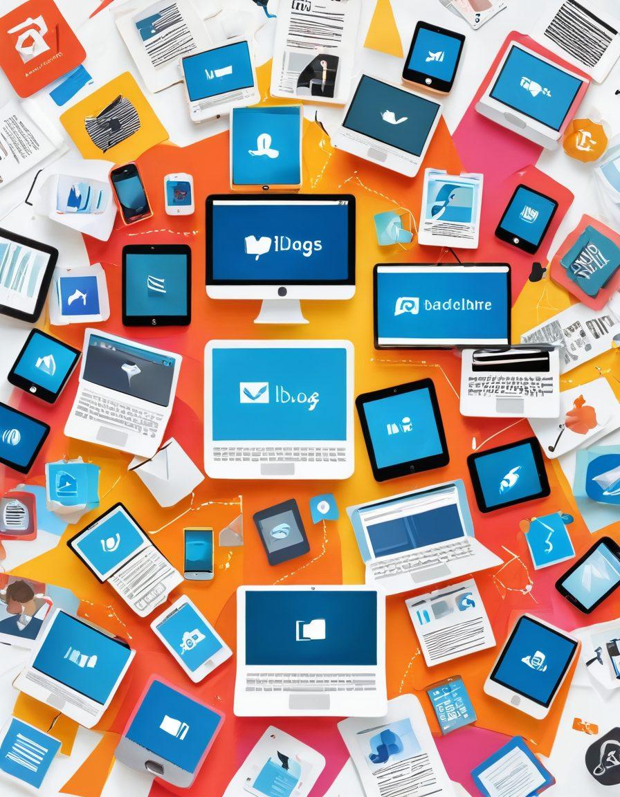 A collage showcasing various digital devices displaying blogs and social media platforms, surrounded by visual elements like upward arrows, graphs, and diverse audience figures engaged in reading and sharing content. Bright colors emphasize growth and engagement, with a modern, tech-savvy aesthetic. super-realistic. vibrant colors. white background.
