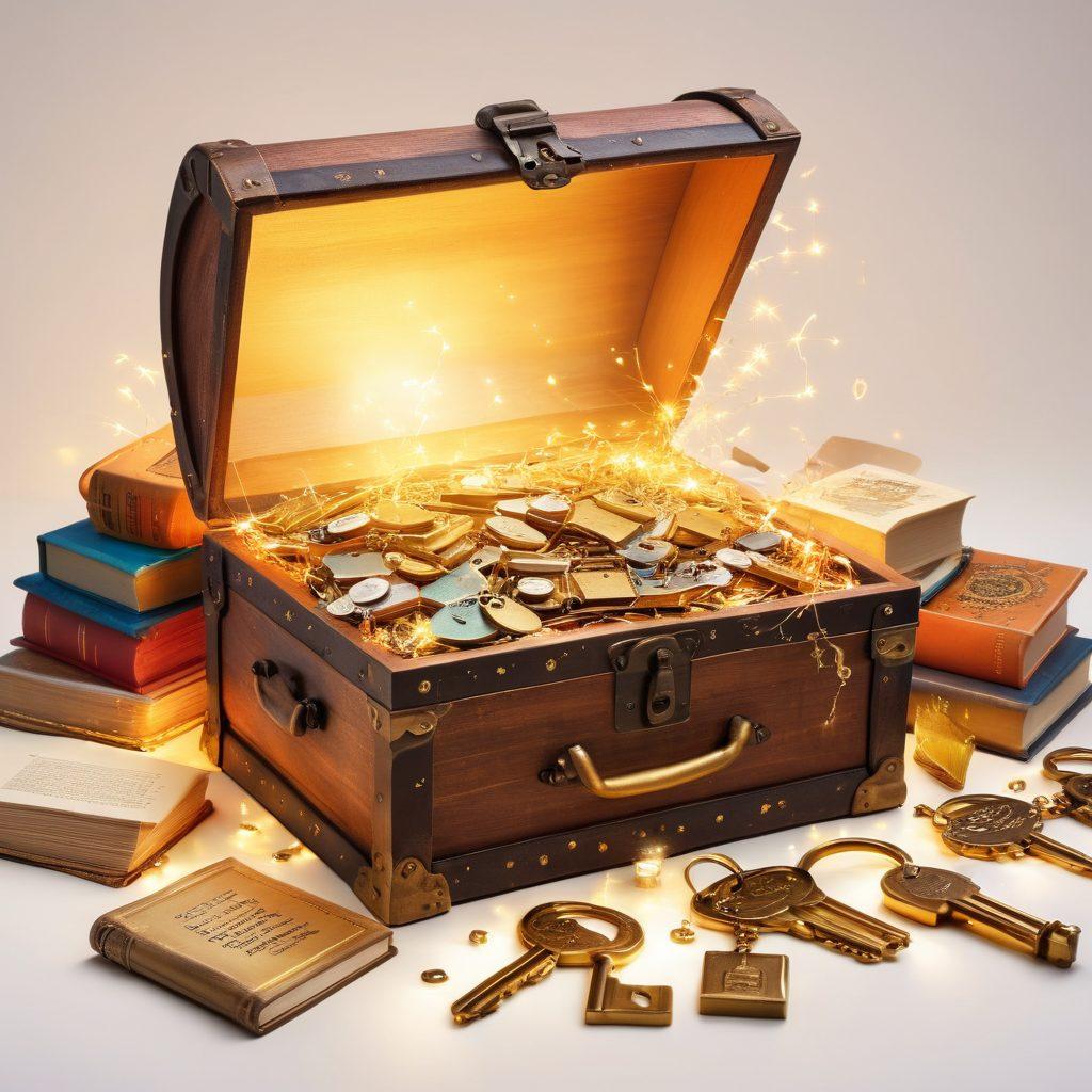 An open treasure chest overflowing with glowing keys, each labeled with different blogging strategies, surrounded by vibrant books and digital devices symbolizing content creation. In the background, a diverse group of engaged readers and bloggers lean in, exchanging ideas and inspiration. Golden light and sparkles enhance the magical atmosphere of discovery. super-realistic. vibrant colors. white background.